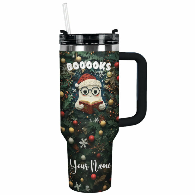 Holiday Bookworm Christmas Custom Stanley Quencher 40oz Stainless Steel Tumbler With Handle - Threewoofs - Image 2
