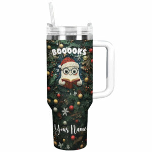 Holiday Bookworm Christmas Custom Stanley Quencher 40oz Stainless Steel Tumbler With Handle - Threewoofs