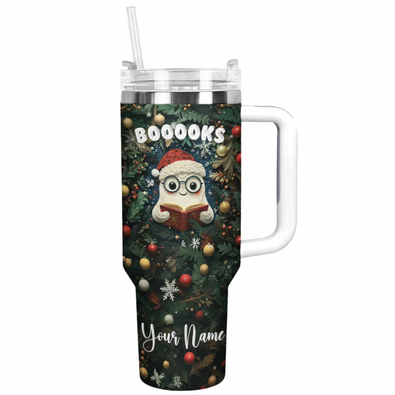 Holiday Bookworm Christmas Custom Stanley Quencher 40oz Stainless Steel Tumbler With Handle - Threewoofs