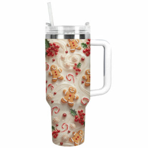 Holly Berry Gingerbread Christmas Custom Stanley Quencher 40oz Stainless Steel Tumbler With Handle - Threewoofs