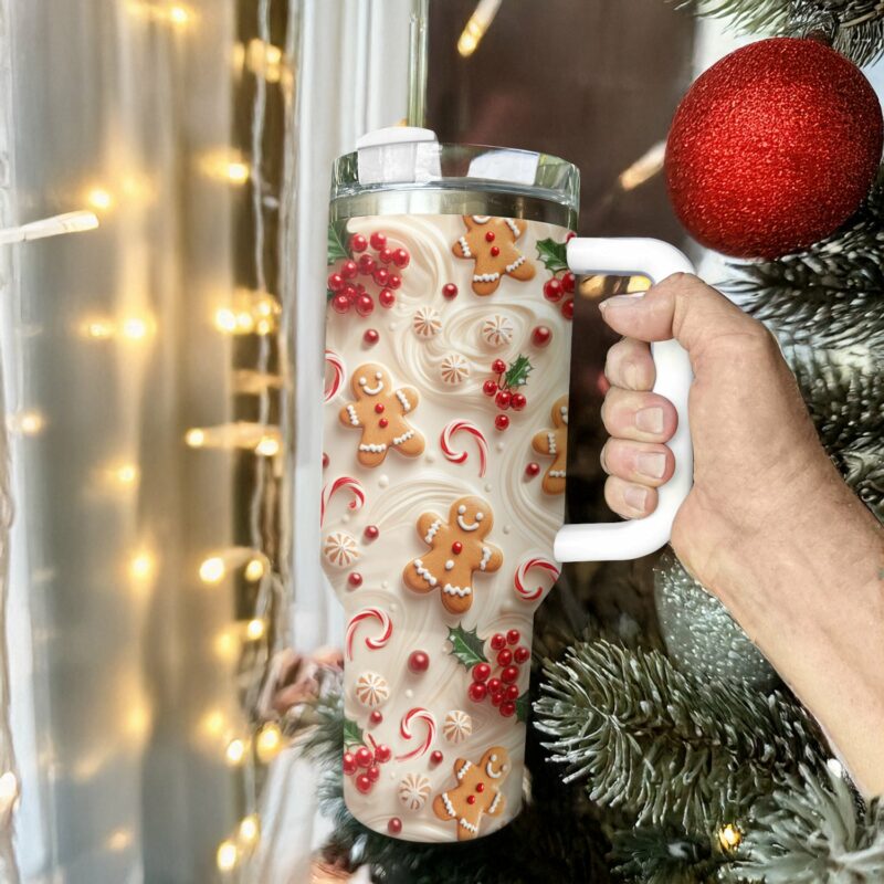 Holly Berry Gingerbread Christmas Custom Stanley Quencher 40oz Stainless Steel Tumbler With Handle - Threewoofs - Image 2
