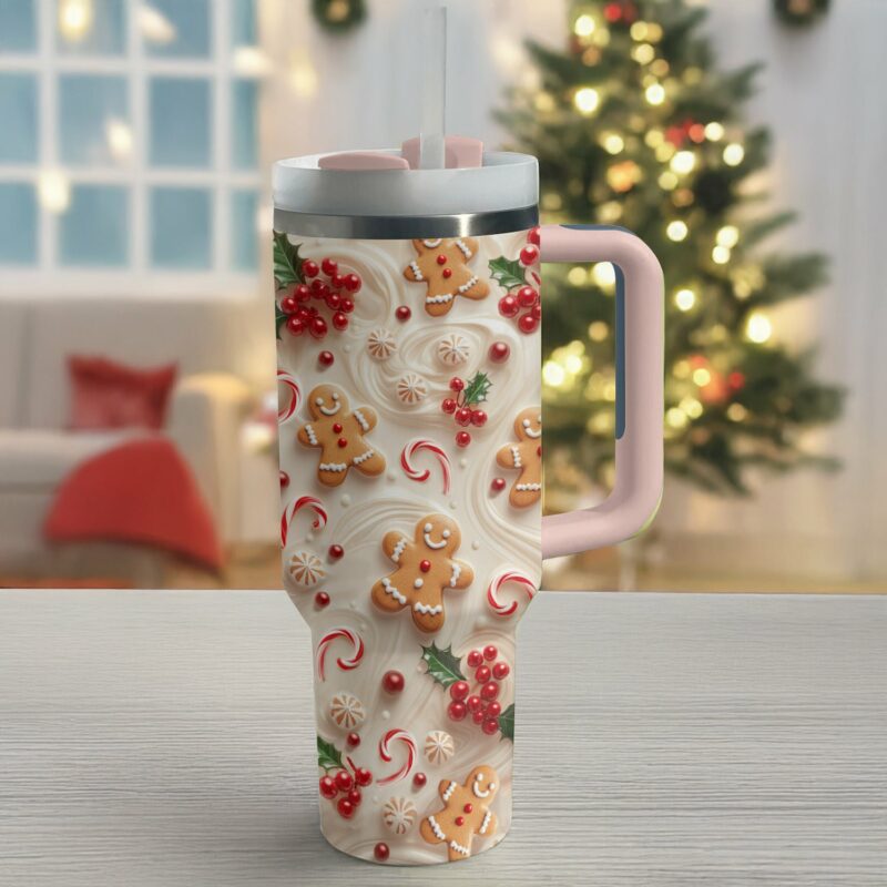 Holly Berry Gingerbread Christmas Custom Stanley Quencher 40oz Stainless Steel Tumbler With Handle - Threewoofs - Image 3