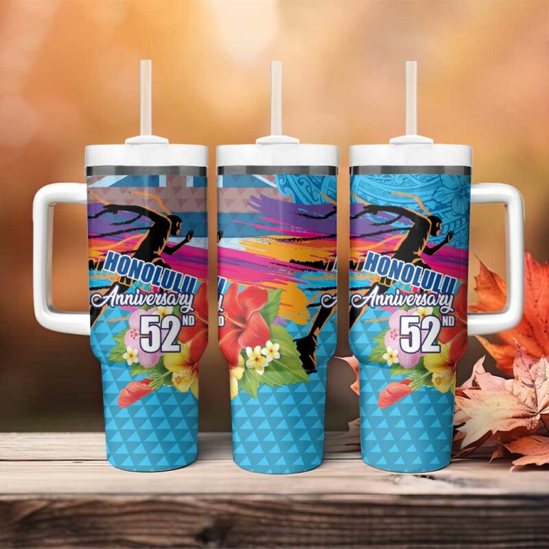 Honolulu Anniversary 52nd Running Marathon Competition Kakau Blue Color Custom Stanley Quencher 40oz Stainless Steel Tumbler With Handle - Threewoofs - Image 4