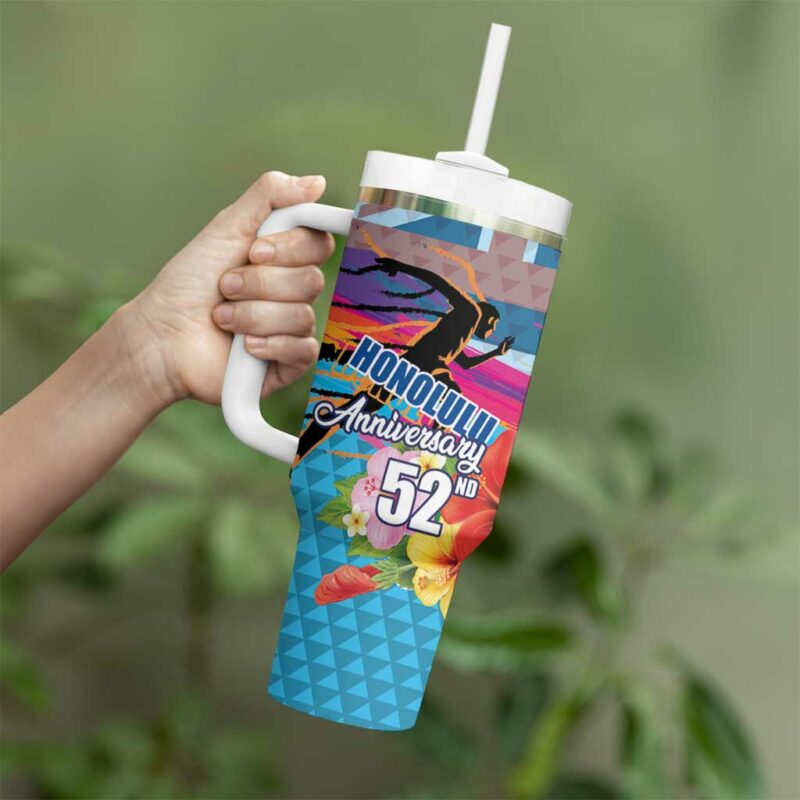 Honolulu Anniversary 52nd Running Marathon Competition Kakau Blue Color Custom Stanley Quencher 40oz Stainless Steel Tumbler With Handle - Threewoofs - Image 3