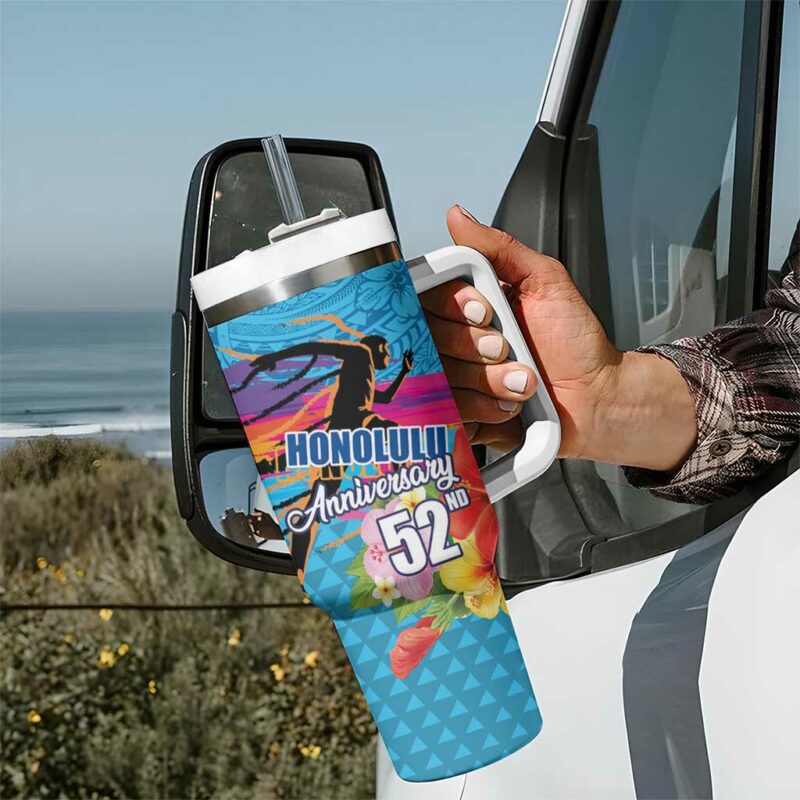 Honolulu Anniversary 52nd Running Marathon Competition Kakau Blue Color Custom Stanley Quencher 40oz Stainless Steel Tumbler With Handle - Threewoofs - Image 7
