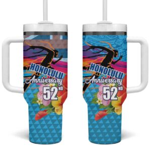 Honolulu Anniversary 52nd Running Marathon Competition Kakau Blue Color Custom Stanley Quencher 40oz Stainless Steel Tumbler With Handle - Threewoofs