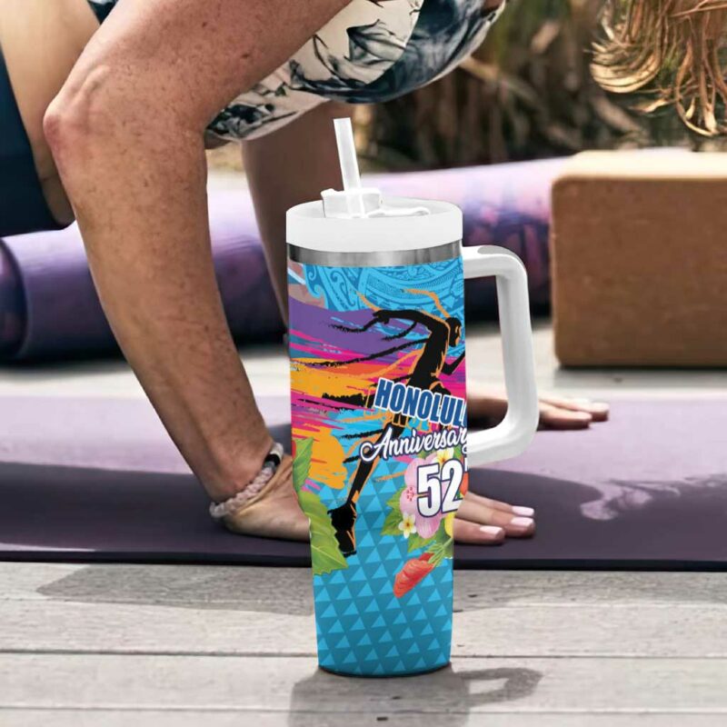 Honolulu Anniversary 52nd Running Marathon Competition Kakau Blue Color Custom Stanley Quencher 40oz Stainless Steel Tumbler With Handle - Threewoofs - Image 6