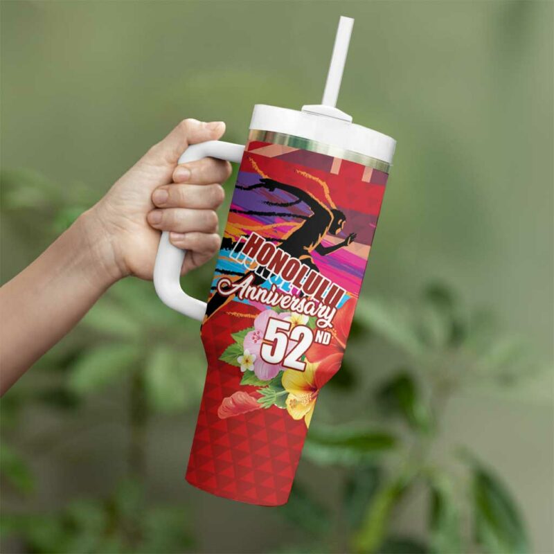 Honolulu Anniversary 52nd Running Marathon Competition Kakau Red Color Custom Stanley Quencher 40oz Stainless Steel Tumbler With Handle - Threewoofs - Image 3