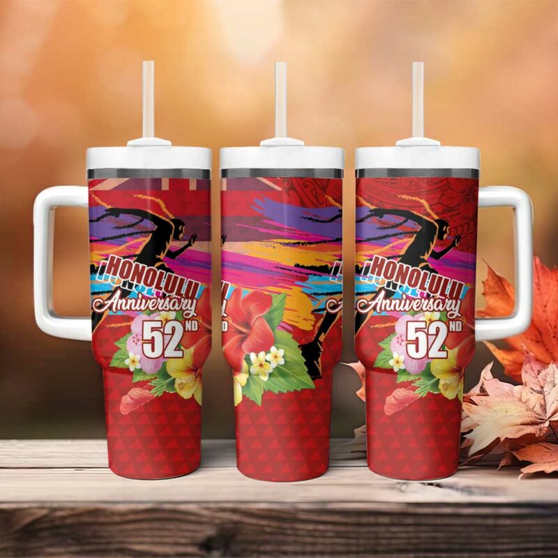 Honolulu Anniversary 52nd Running Marathon Competition Kakau Red Color Custom Stanley Quencher 40oz Stainless Steel Tumbler With Handle - Threewoofs - Image 4