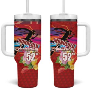 Honolulu Anniversary 52nd Running Marathon Competition Kakau Red Color Custom Stanley Quencher 40oz Stainless Steel Tumbler With Handle - Threewoofs