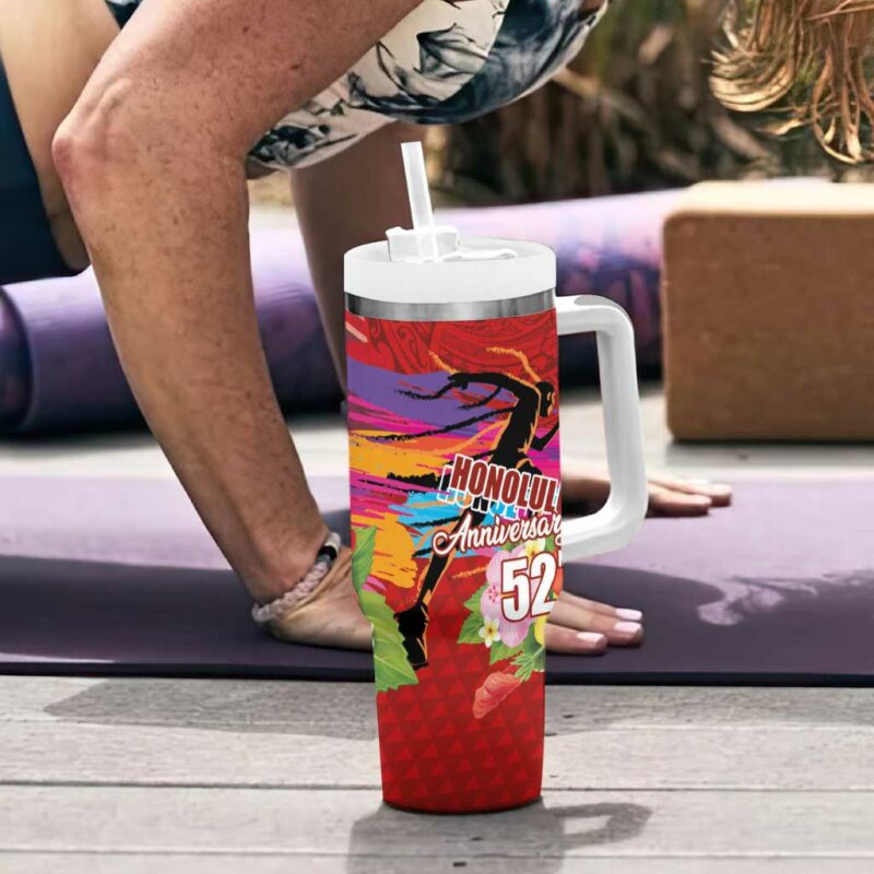 Honolulu Anniversary 52nd Running Marathon Competition Kakau Red Color Custom Stanley Quencher 40oz Stainless Steel Tumbler With Handle - Threewoofs - Image 6