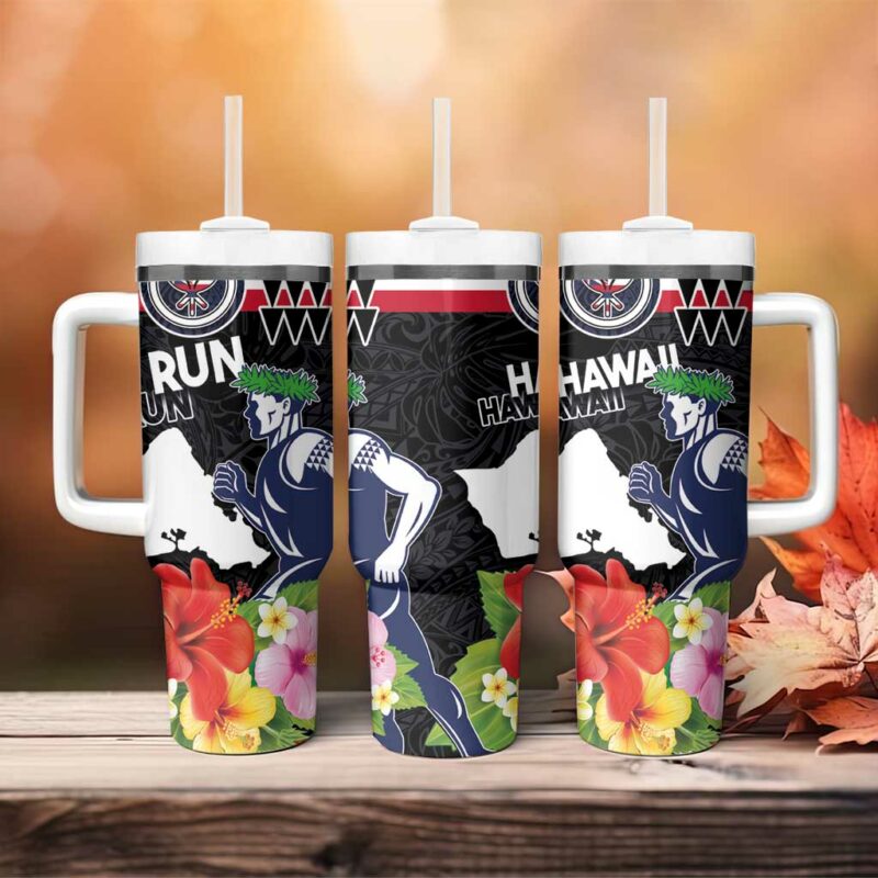 Honolulu Running Race Hawaii Marathon Kakau Art with Hibiscus and National Flag Custom Stanley Quencher 40oz Stainless Steel Tumbler With Handle - Threewoofs - Image 4