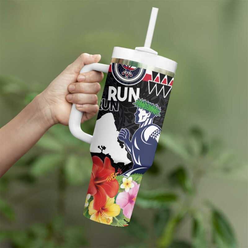 Honolulu Running Race Hawaii Marathon Kakau Art with Hibiscus and National Flag Custom Stanley Quencher 40oz Stainless Steel Tumbler With Handle - Threewoofs - Image 3