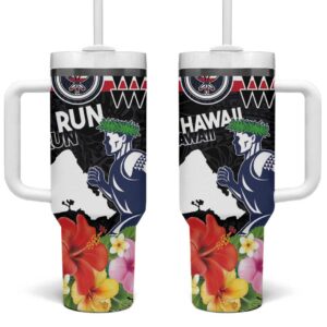 Honolulu Running Race Hawaii Marathon Kakau Art with Hibiscus and National Flag Custom Stanley Quencher 40oz Stainless Steel Tumbler With Handle - Threewoofs