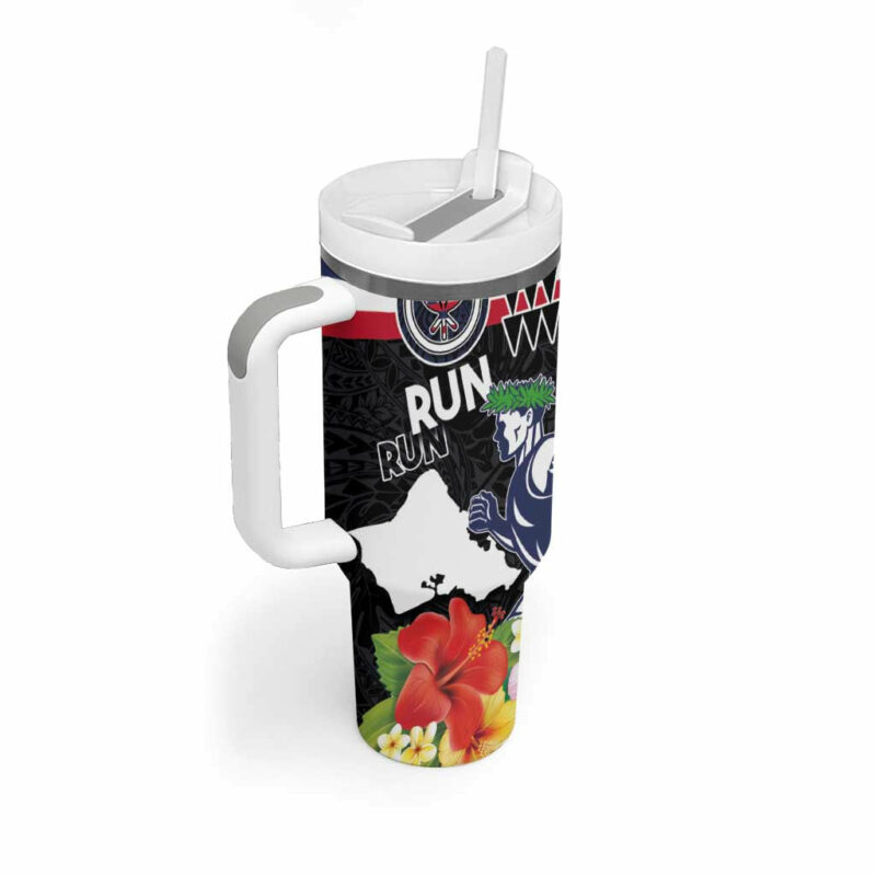 Honolulu Running Race Hawaii Marathon Kakau Art with Hibiscus and National Flag Custom Stanley Quencher 40oz Stainless Steel Tumbler With Handle - Threewoofs - Image 2