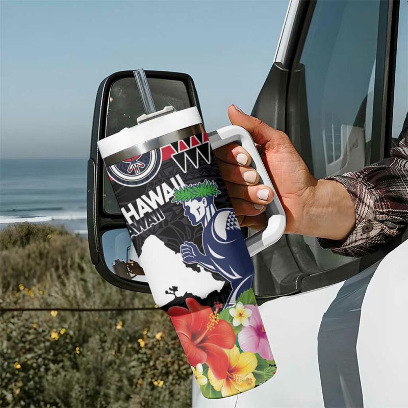 Honolulu Running Race Hawaii Marathon Kakau Art with Hibiscus and National Flag Custom Stanley Quencher 40oz Stainless Steel Tumbler With Handle - Threewoofs - Image 7