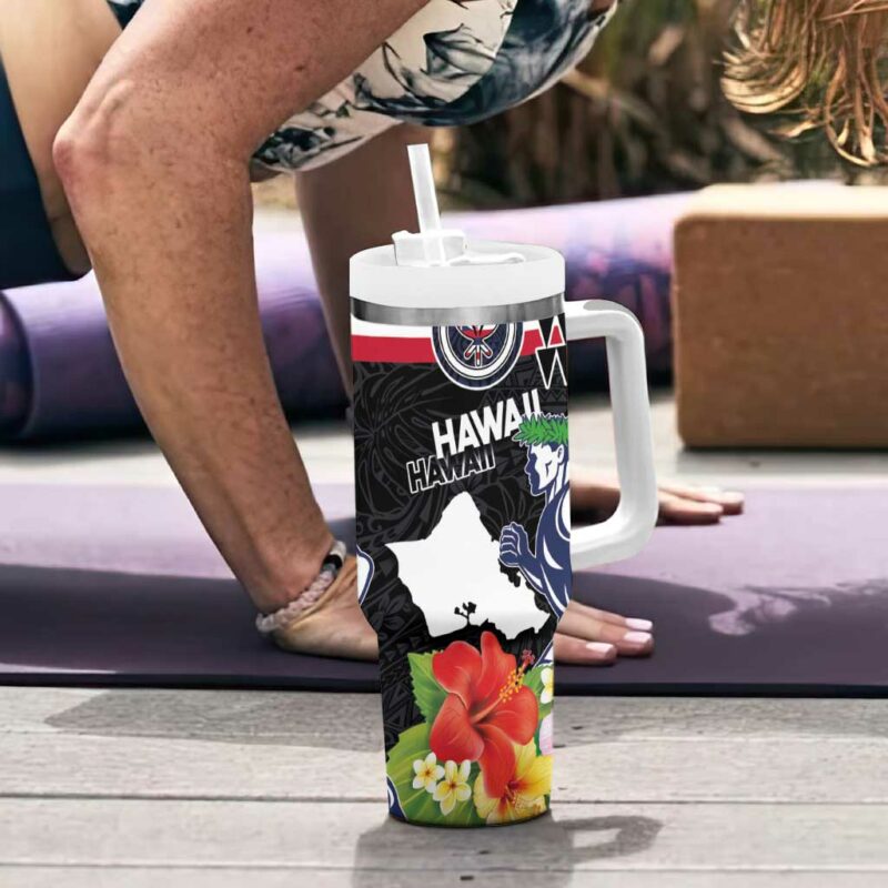 Honolulu Running Race Hawaii Marathon Kakau Art with Hibiscus and National Flag Custom Stanley Quencher 40oz Stainless Steel Tumbler With Handle - Threewoofs - Image 6