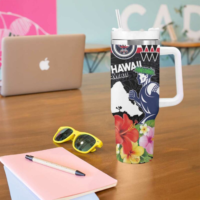 Honolulu Running Race Hawaii Marathon Kakau Art with Hibiscus and National Flag Custom Stanley Quencher 40oz Stainless Steel Tumbler With Handle - Threewoofs - Image 5