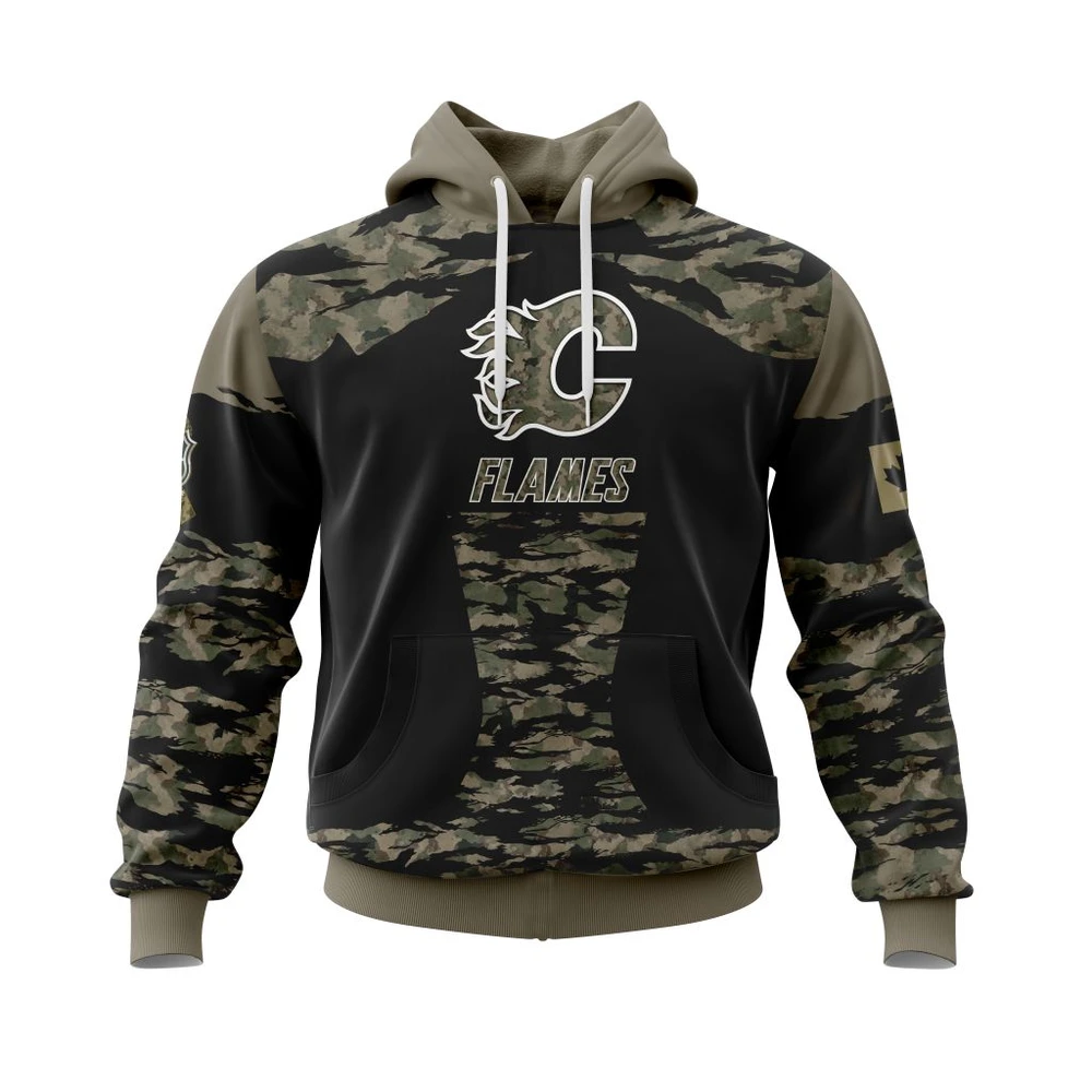 Hoodie Calgary Flames, Honors Veterans And Military Members QTNHL080524A3817HD