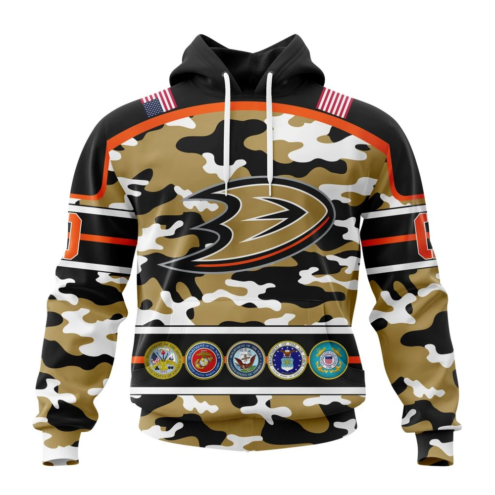 Hoodie NHL Anaheim Ducks, Specialized Design Wih Camo Team Color And Military Force Logo QTNHL080524A3549HD