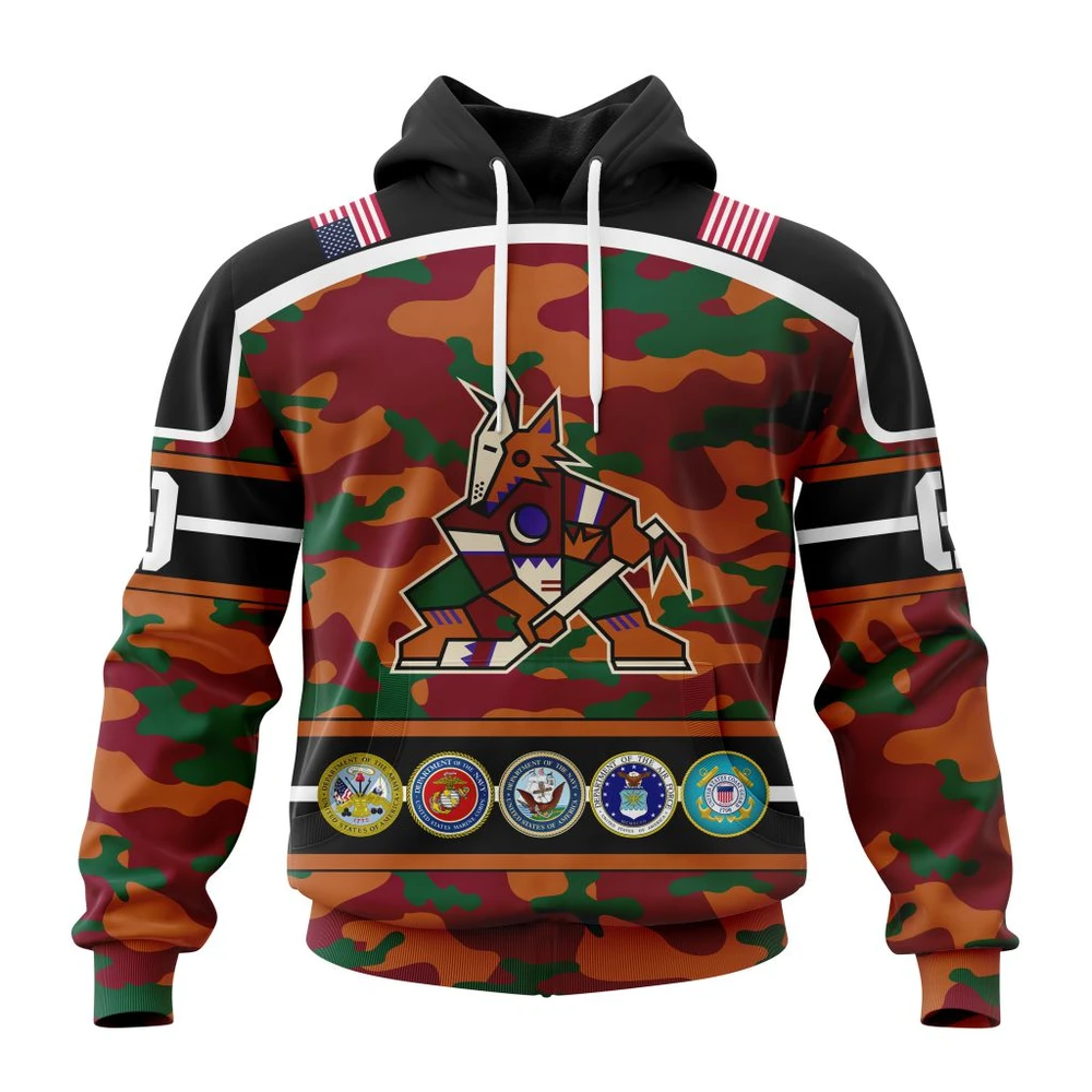 Hoodie NHL Arizona Coyotes, Specialized Design Wih Camo Team Color And Military Force Logo QTNHL080524A3550HD