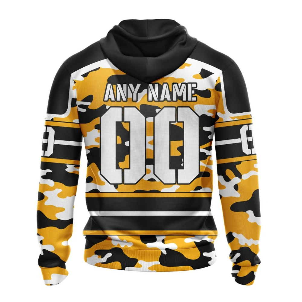 Hoodie NHL Boston Bruins Specialized Design Wih Camo Team Color And Military Force Logo QTNHL080524A3548HD - Image 2