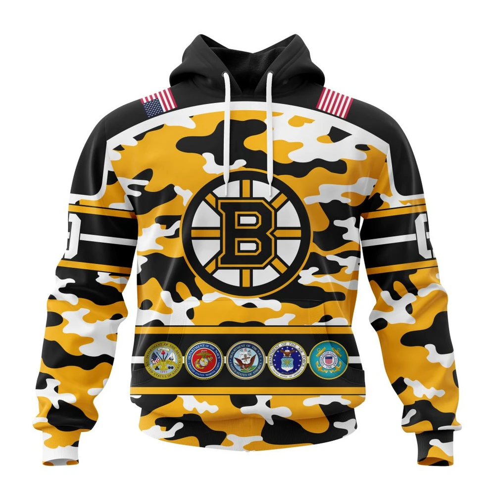 Hoodie NHL Boston Bruins Specialized Design Wih Camo Team Color And Military Force Logo QTNHL080524A3548HD