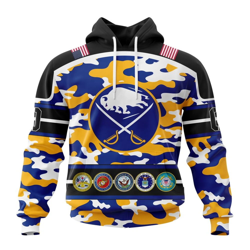 Hoodie NHL Buffalo Sabres, Specialized Design Wih Camo Team Color And Military Force Logo QTNHL080524A3547HD