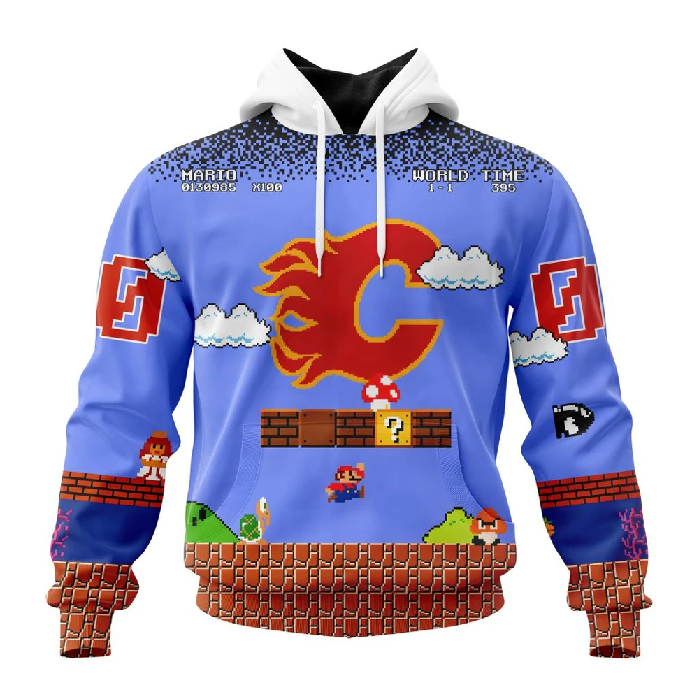 Hoodie NHL Calgary Flames Special Kits With Super Mario Game Design QTNHL080524A2454HD