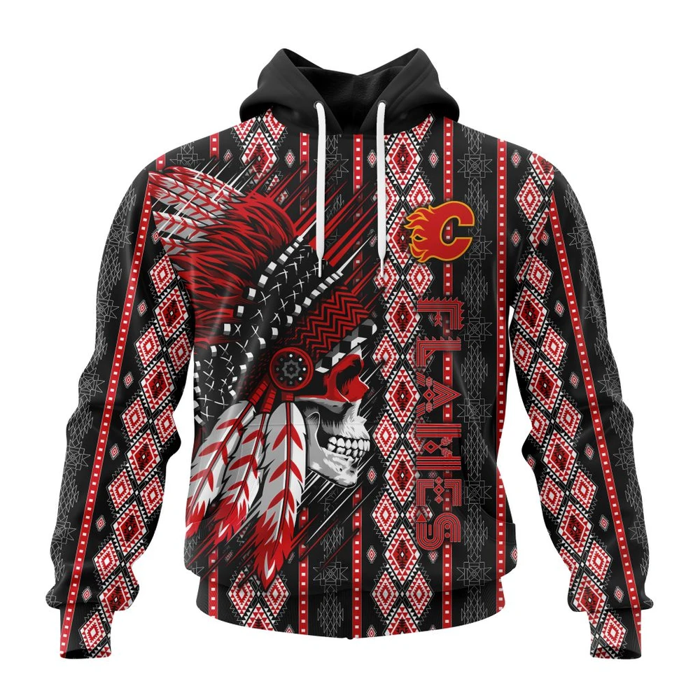 Hoodie NHL Calgary Flames Special Skull Native Design St2301 QTNHL080524A2121HD