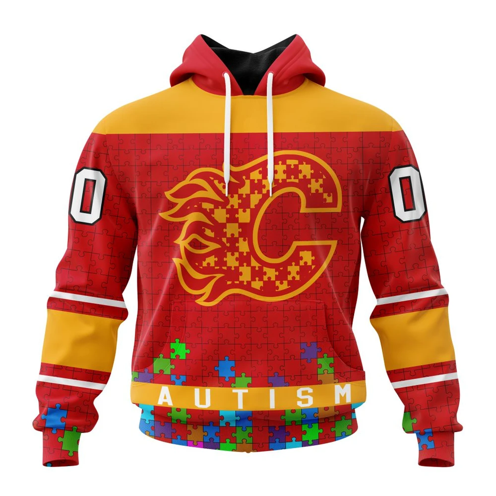 Hoodie NHL Calgary Flames, Specialized Unisex Kits Hockey Fights Against Autism QTNHL080524A2667HD