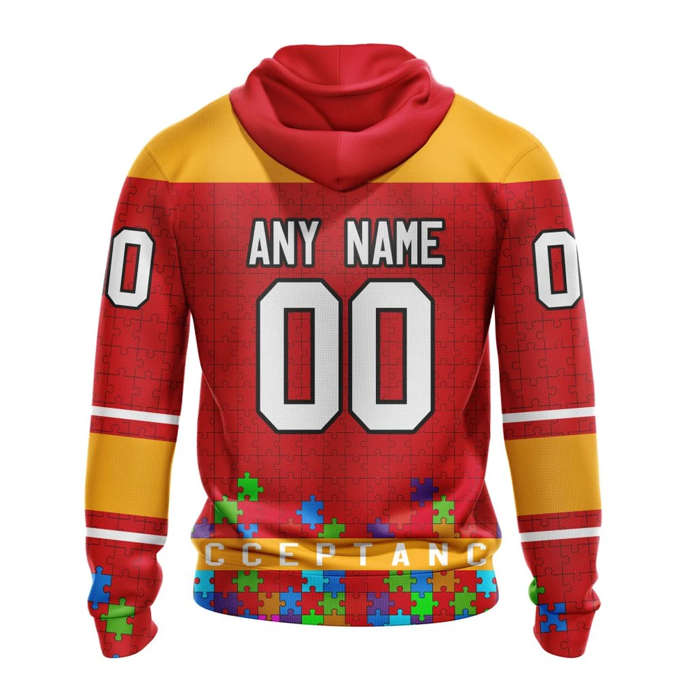 Hoodie NHL Calgary Flames, Specialized Unisex Kits Hockey Fights Against Autism QTNHL080524A2667HD - Image 2