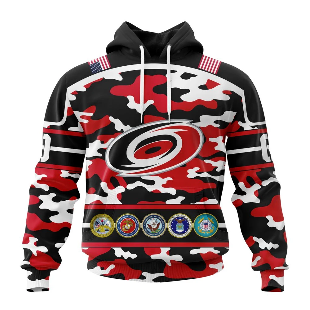 Hoodie NHL Carolina Hurricanes, Specialized Design Wih Camo Team Color And Military Force Logo QTNHL080524A3542HD