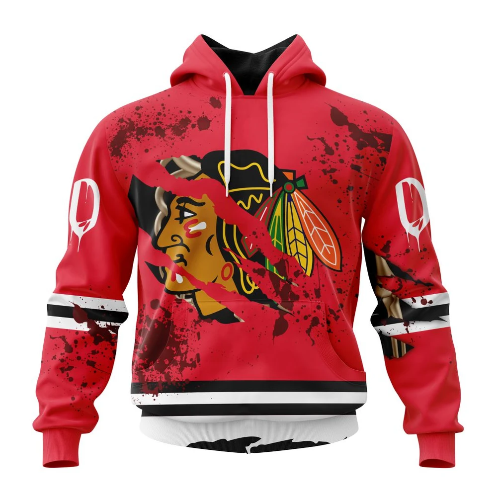 Hoodie NHL Chicago Blackhawks, Specialized Design Jersey With Your Ribs For Halloween QTNHL080524A3514HD