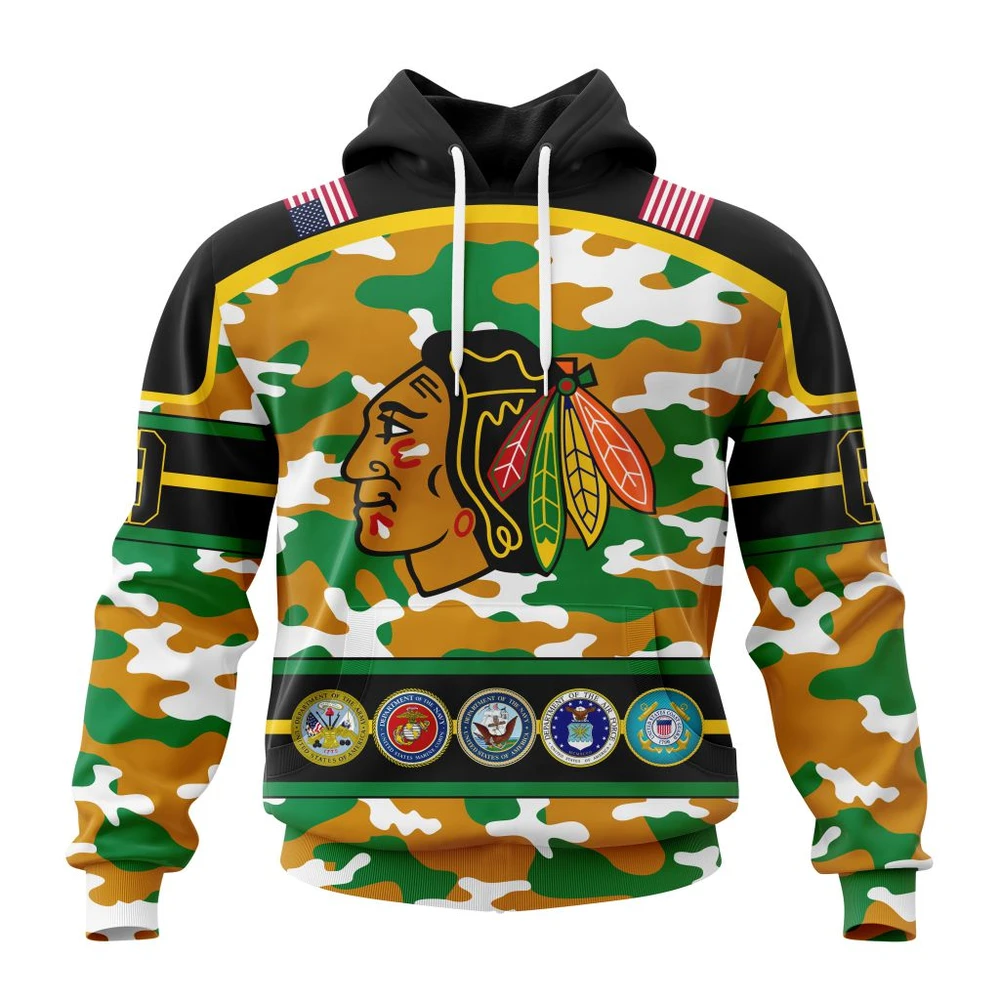 Hoodie NHL Chicago Blackhawks, Specialized Design Wih Camo Team Color And Military Force Logo QTNHL080524A3544HD