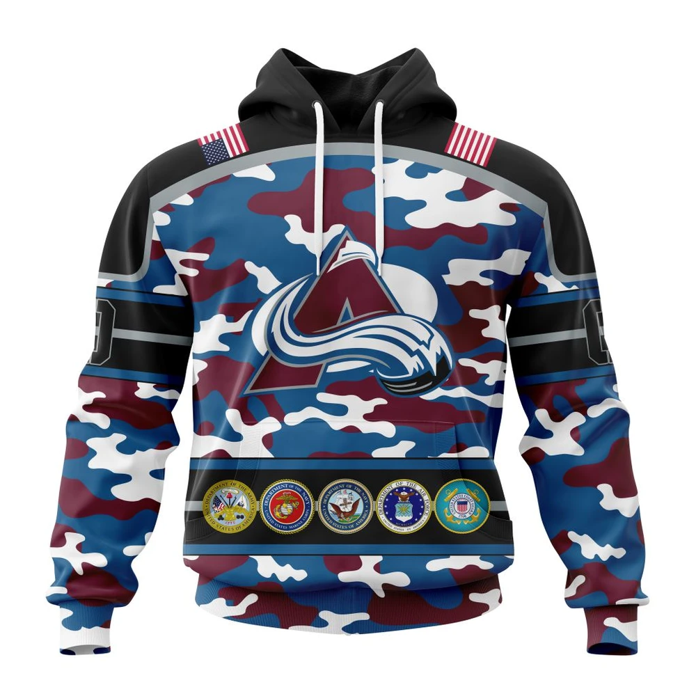 Hoodie NHL Colorado Avalanche, Specialized Design Wih Camo Team Color And Military Force Logo QTNHL080524A3546HD