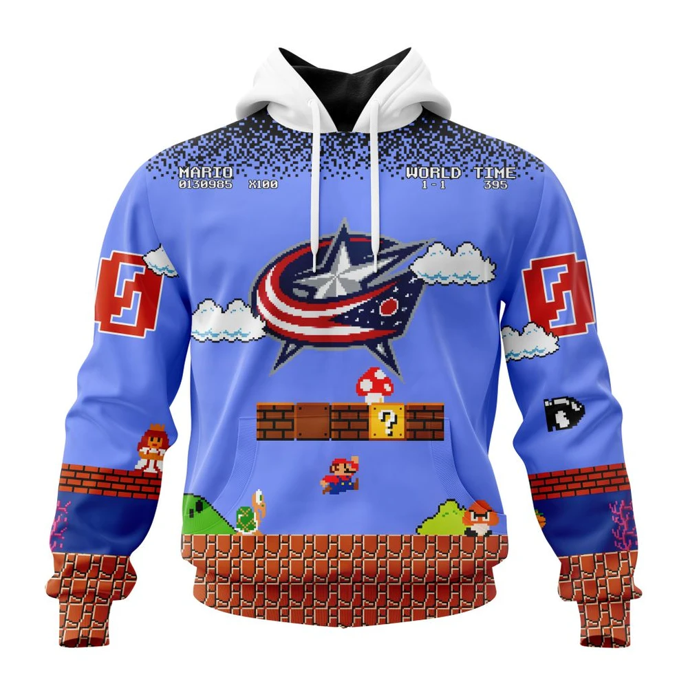 Hoodie NHL Columbus Blue Jackets Special Kits With Super Mario Game Design QTNHL080524A2455HD
