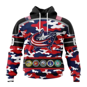 Hoodie NHL Columbus Blue Jackets, Specialized Design Wih Camo Team Color And Military Force Logo QTNHL080524A3545HD