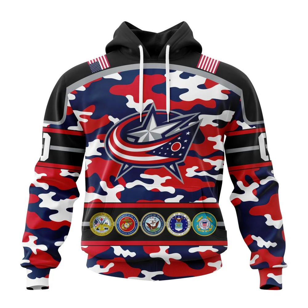 Hoodie NHL Columbus Blue Jackets, Specialized Design Wih Camo Team Color And Military Force Logo QTNHL080524A3545HD