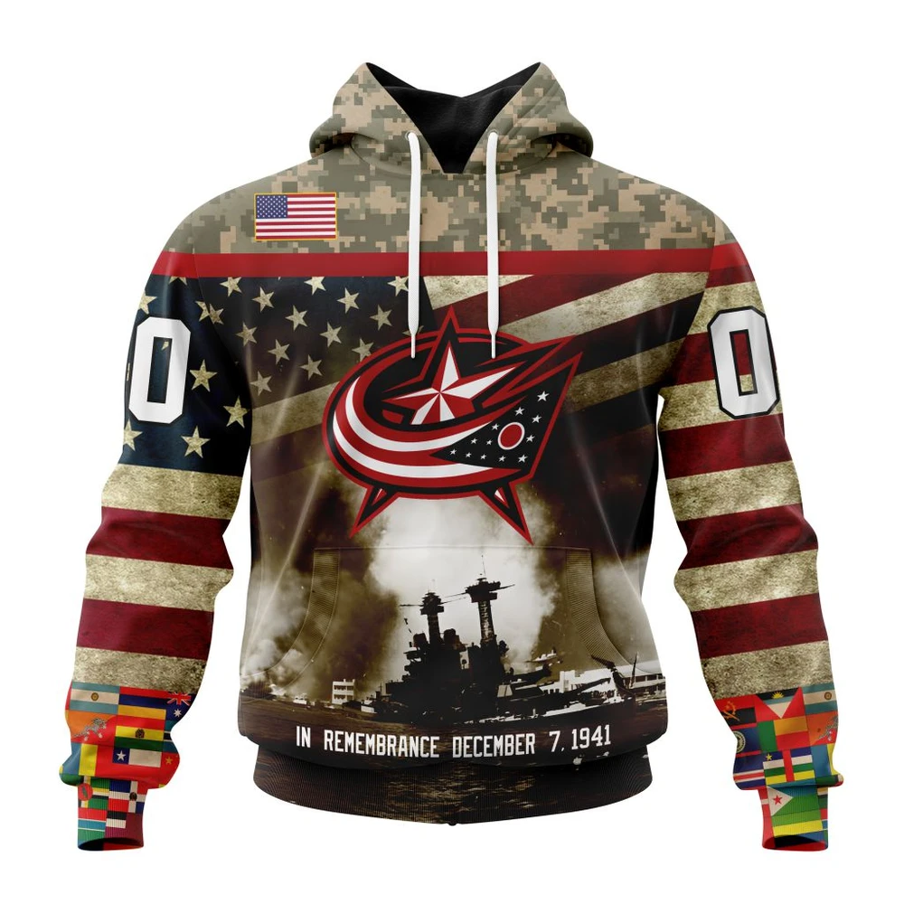 Hoodie NHL Columbus Blue Jackets, Specialized Unisex Kits Remember Pearl Harbor QTNHL080524A2991HD