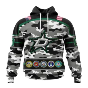 Hoodie NHL Dallas Stars, Specialized Design Wih Camo Team Color And Military Force Logo QTNHL080524A3540HD