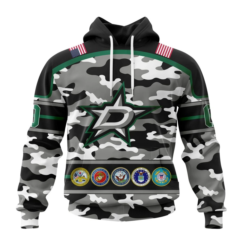 Hoodie NHL Dallas Stars, Specialized Design Wih Camo Team Color And Military Force Logo QTNHL080524A3540HD