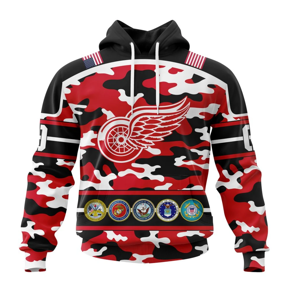 Hoodie NHL Detroit Red Wings, Specialized Design Wih Camo Team Color And Military Force Logo QTNHL080524A3541HD