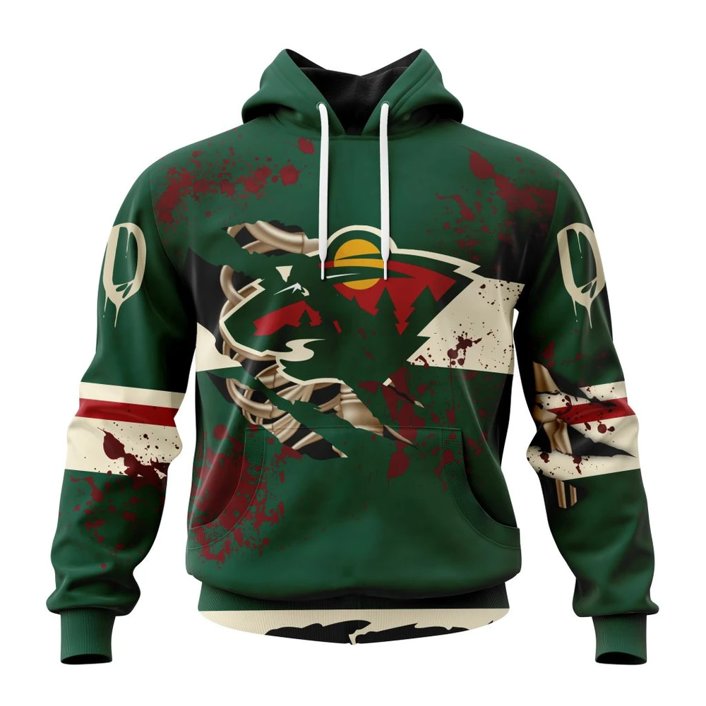 Hoodie NHL Minnesota Wild, Specialized Design Jersey With Your Ribs For Halloween QTNHL080524A3506HD