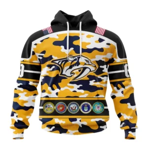 Hoodie NHL Nashville Predators, Specialized Design Wih Camo Team Color And Military Force Logo QTNHL080524A3533HD