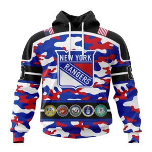 Hoodie NHL New York Rangers, Specialized Design Wih Camo Team Color And Military Force Logo QTNHL080524A3531HD