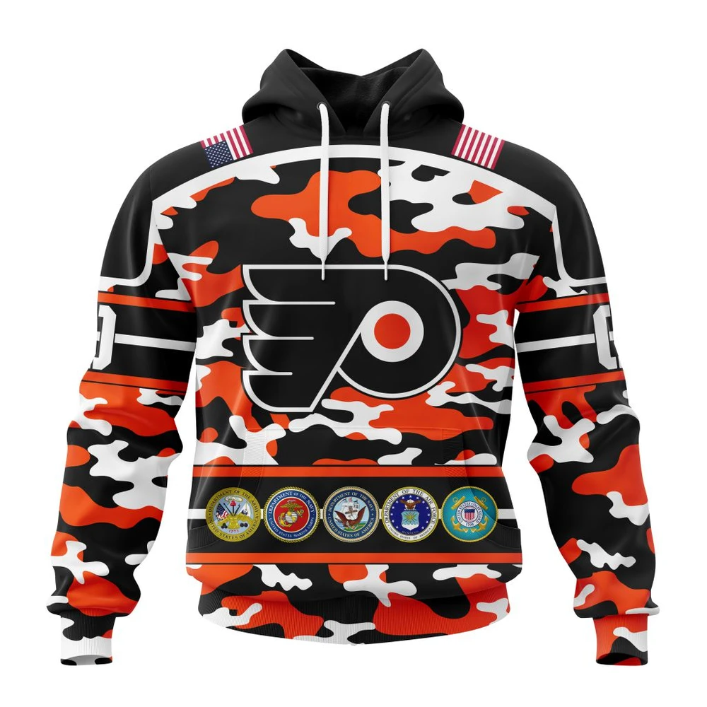 Hoodie NHL Philadelphia Flyers, Specialized Design Wih Camo Team Color And Military Force Logo QTNHL080524A3529HD