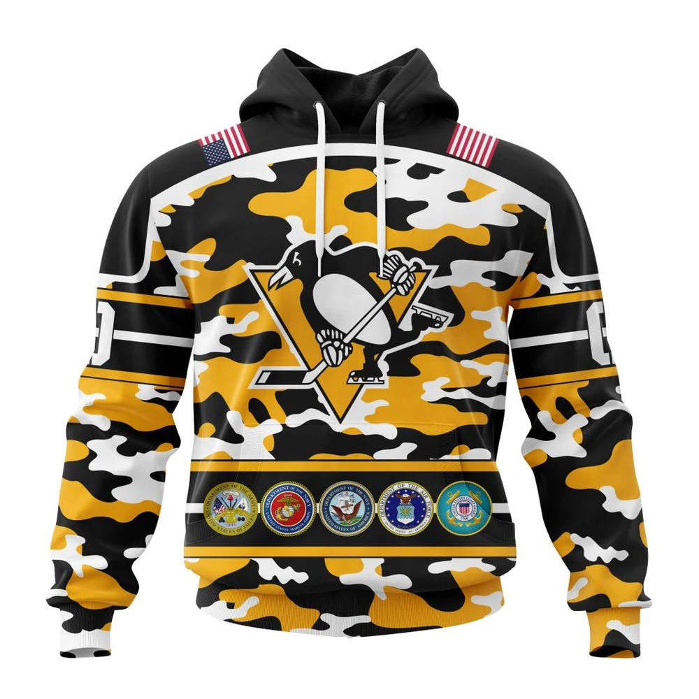 Hoodie NHL Pittsburgh Penguins, Specialized Design Wih Camo Team Color And Military Force Logo QTNHL080524A3528HD