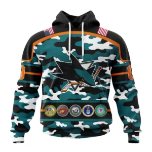 Hoodie NHL San Jose Sharks, Specialized Design Wih Camo Team Color And Military Force Logo QTNHL080524A3527HD