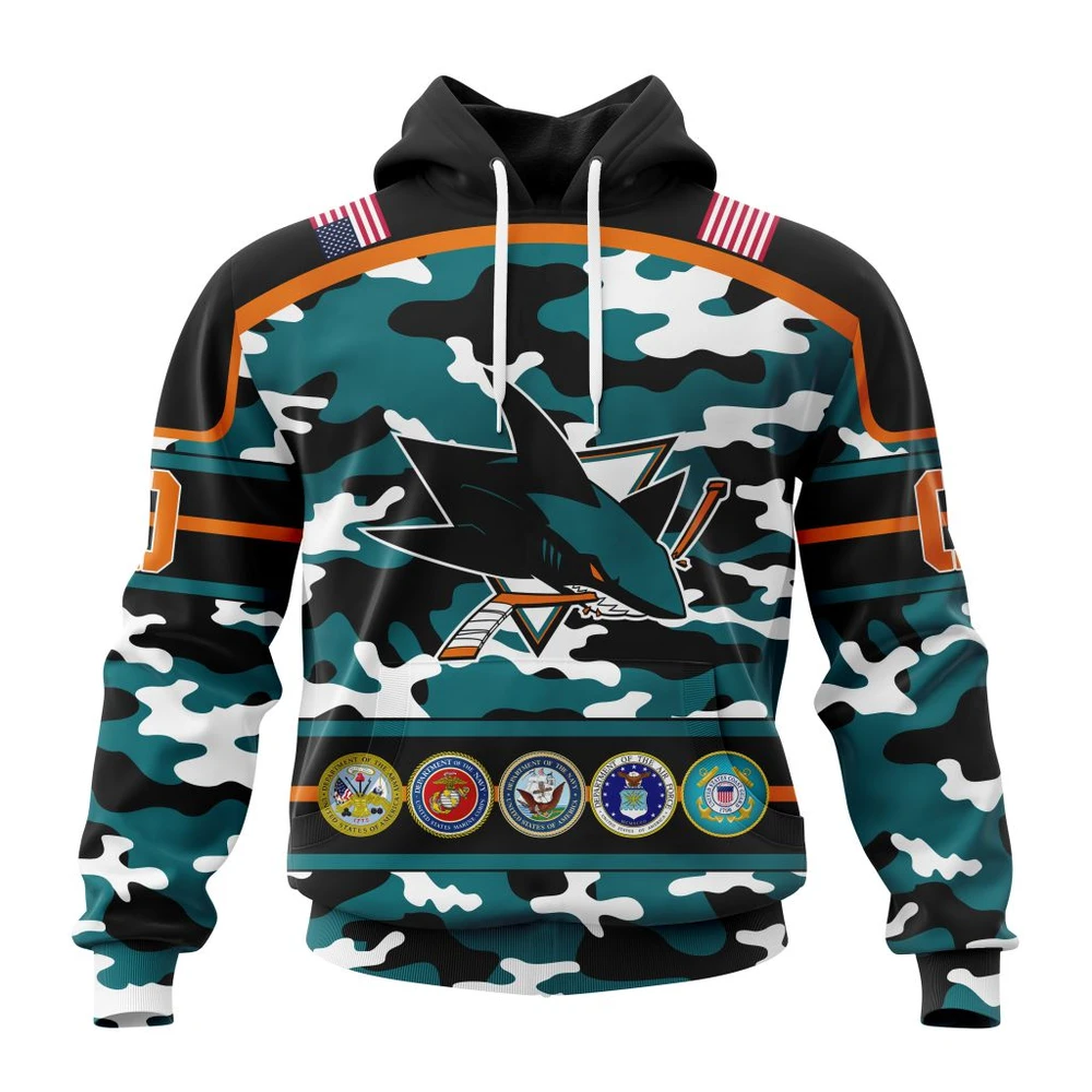 Hoodie NHL San Jose Sharks, Specialized Design Wih Camo Team Color And Military Force Logo QTNHL080524A3527HD